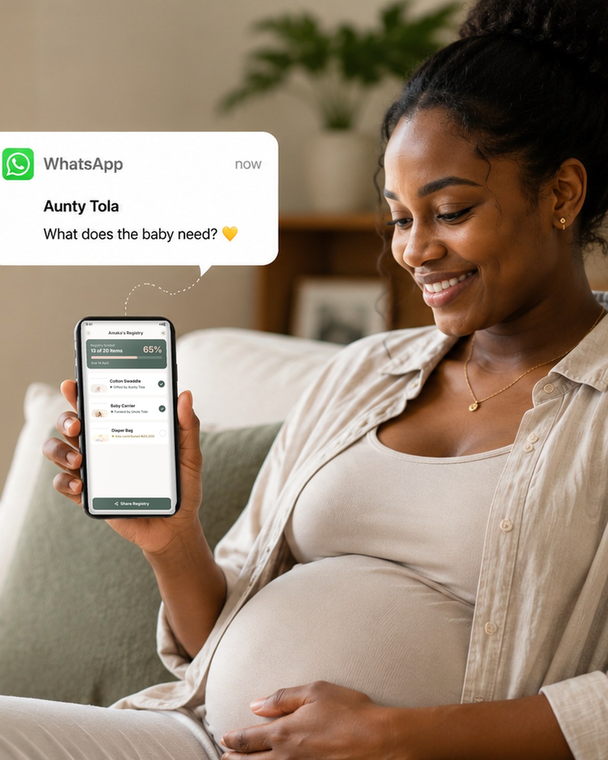 A pregnant woman looking at her GiftingNest baby registry on her phone while a message asks what the baby needs